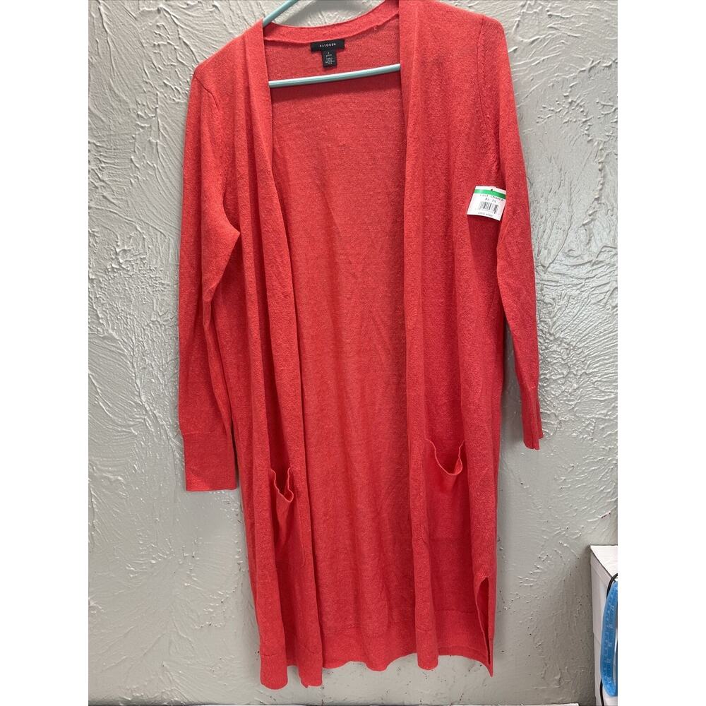 Halogen Womens Petite Coral Pink Long Sleeve Cardigan Sweater Pockets Size Small